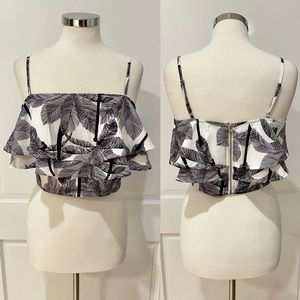 NEW Black & White Palm Print Cropped Ruffle Top